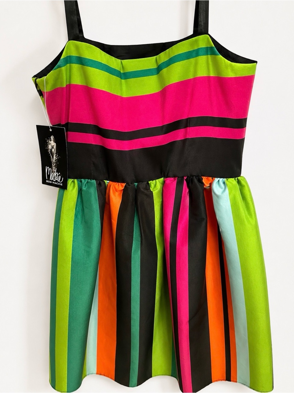 Makie Pink, Lime, Teal & Black Striped Satin Party Dress